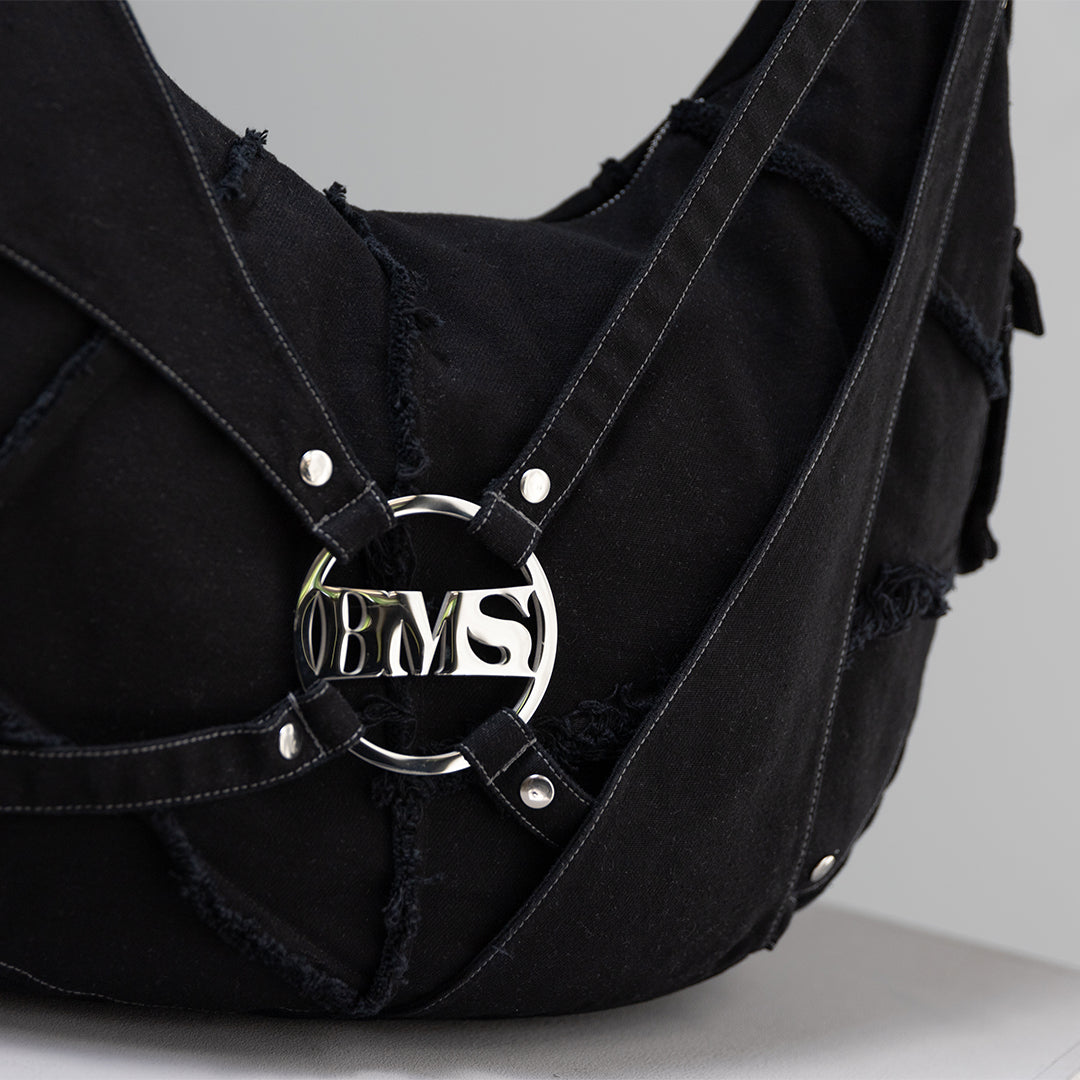 Detail view of our apocalyptic hobo bag unisex in black optic. Even wearable as a crossbody bag