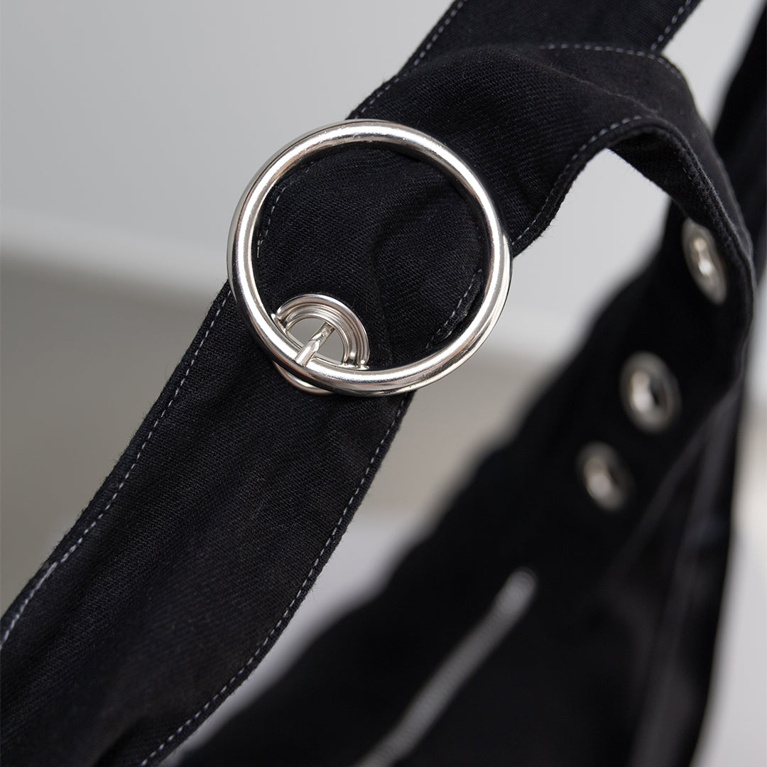 Detail view of our apocalyptic hobo bag unisex in black optic. Even wearable as a crossbody bag