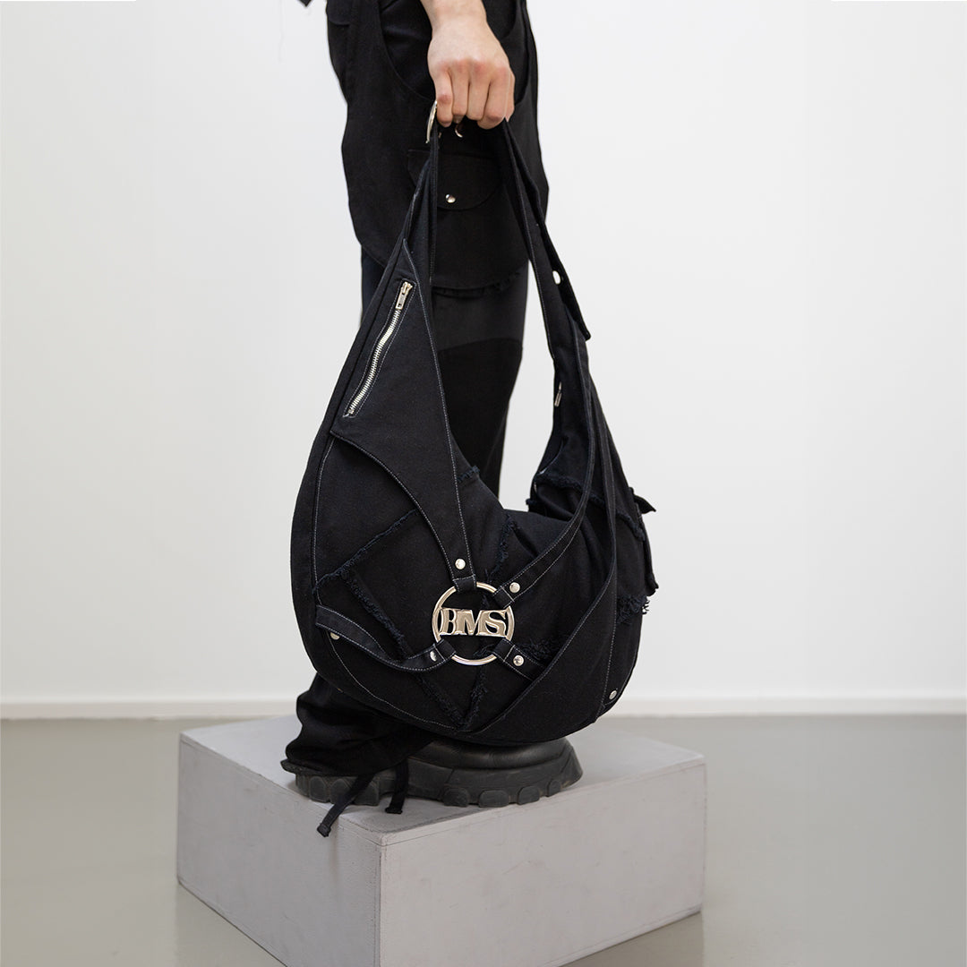 Detail view of our apocalyptic hobo bag unisex in black optic. Even wearable as a crossbody bag