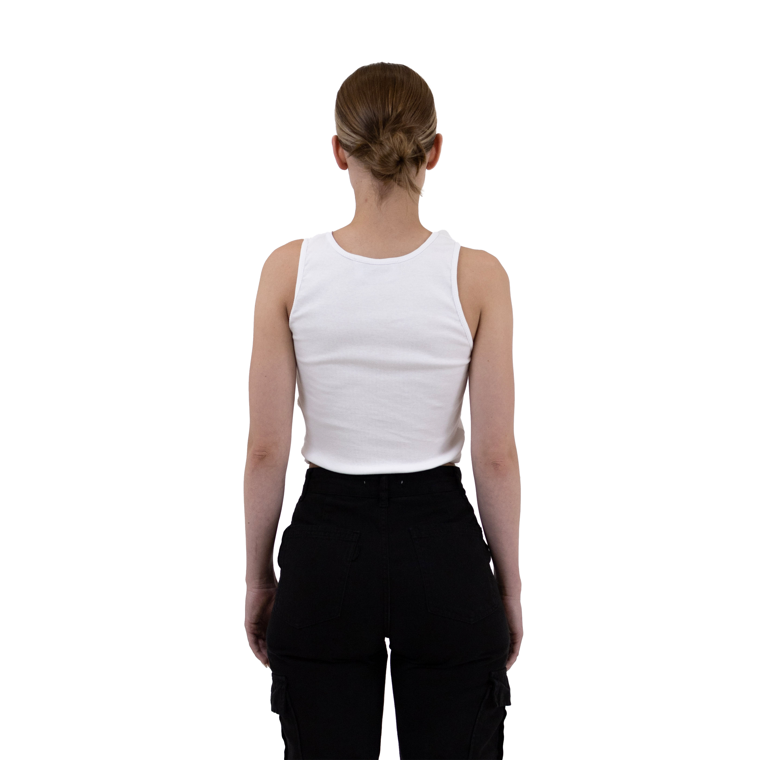 Back view of our cut out ribbed top in color white with black logo embroidery summer top 